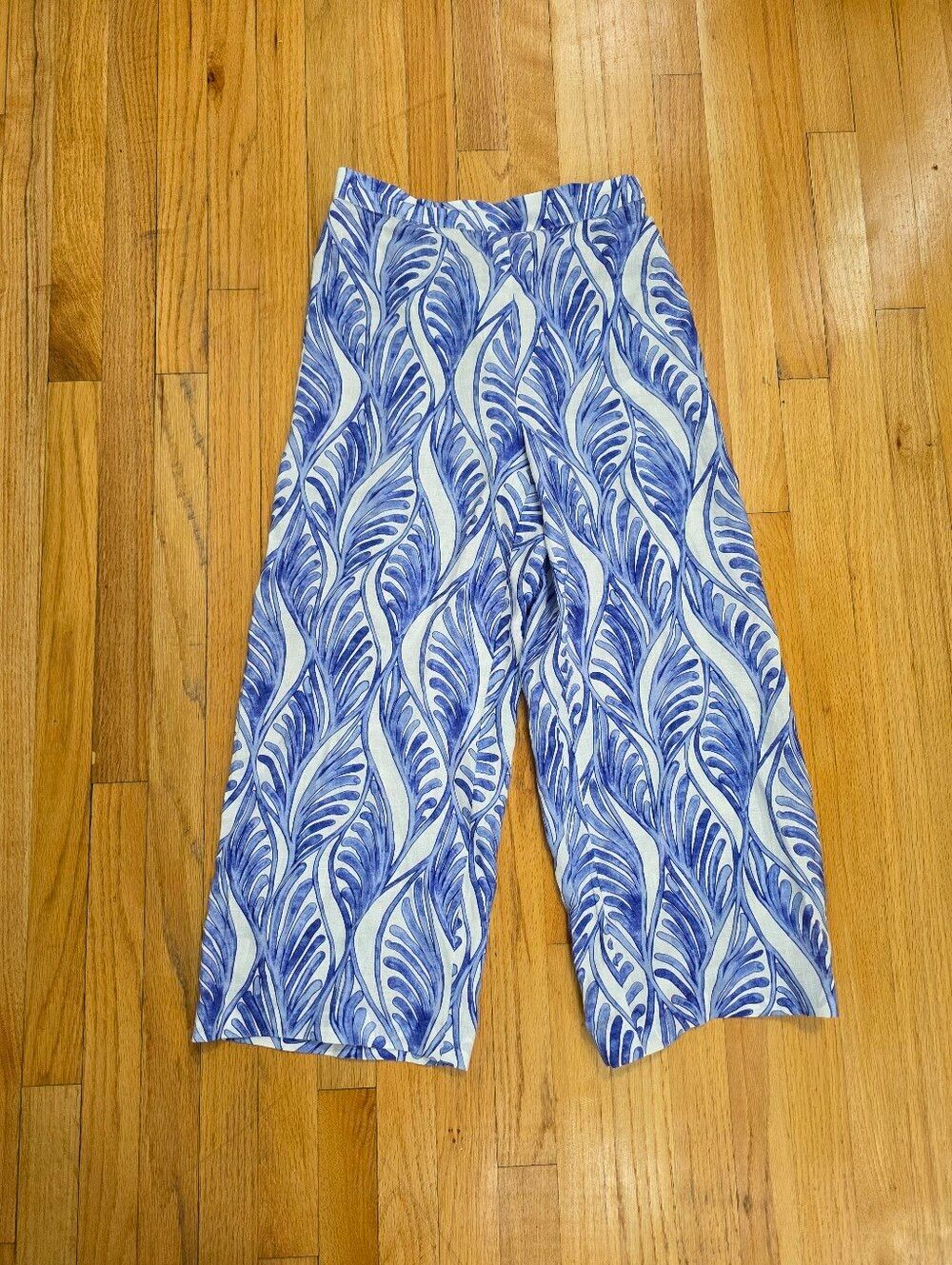 Magashoni Linen Vibrant Blue and White botanical frond/leaf motif Pants Sz S